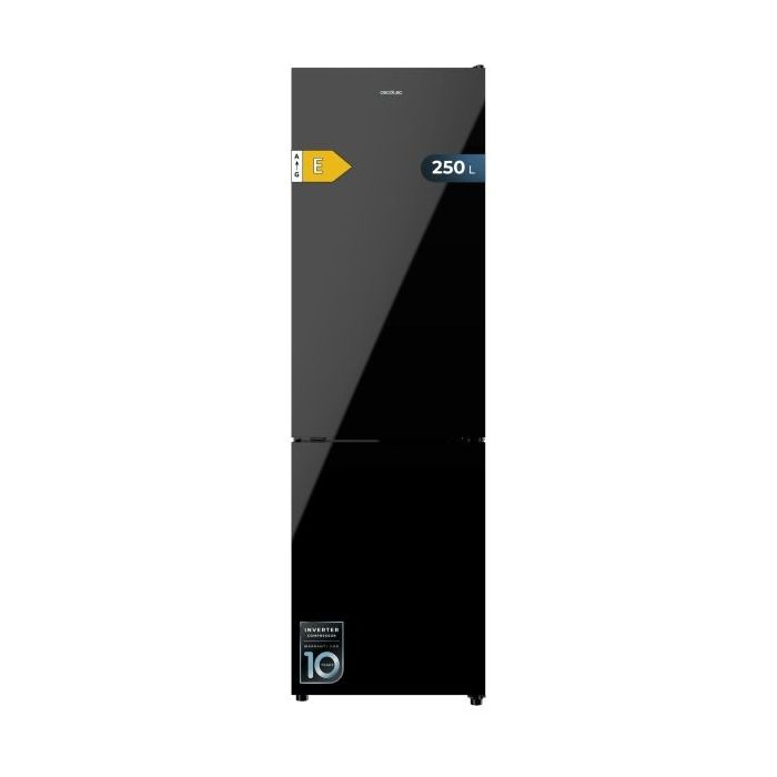 Cecotec Bolero CoolMarket Combi 250 Black Glass E Frigorifico Combi - Capacidad 250L - Puerta de Cristal - Frio Envolvente - Cajon Humedad Regulable - Clase E - 54x57.6x180cm - Color Negro