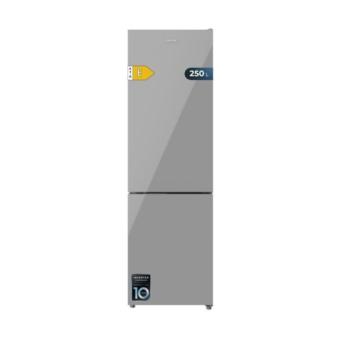Cecotec Bolero CoolMarket Combi 250 Grey Glass E Frigorifico Combi - Capacidad 250L - Temperatura Regulable - Frio Envolvente - Cajon Humedad Regulable - Clase E - 54x57.6x180cm - Color Gris