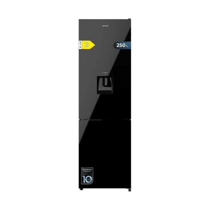 Cecotec Bolero CoolMarket Combi 250 WD Black Glass D Frigorifico Combi - Capacidad 250L - Compresor Inverter - Puerta de Cristal - Dispensador de Agua - Frio Envolvente - 54x57.6x180cm - Color Negro