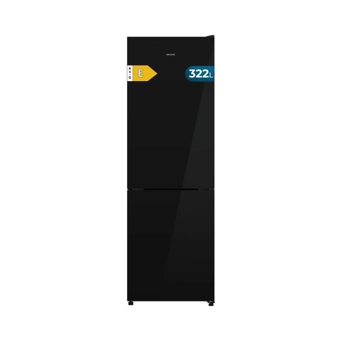 Cecotec Bolero CoolMarket Combi 322i Black Glass E Frigorifico Combi - 322L - Luz LED - Total Nofrost - Puerta de Cristal - Frio Envolvente - Cajon Humedad Regulable - 59.5x185.5cm - Color Negro