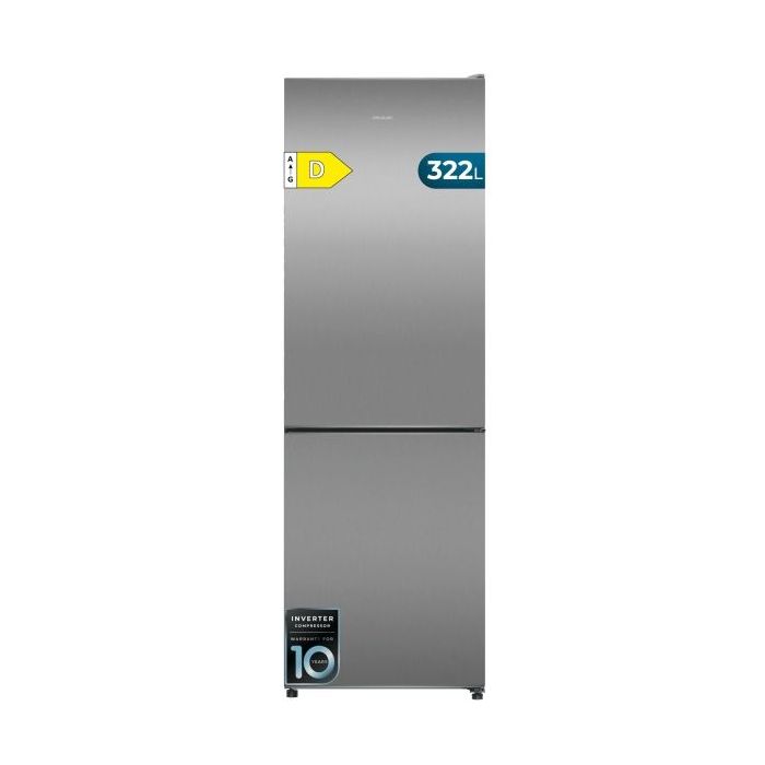 Cecotec Bolero CoolMarket Combi 322i Inox D Frigorifico Combi - Capacidad 322L - Luz LED - Temperatura Regulable - Acero Inoxidable - Total Nofrost - Frio Envolvente - 59.5x185.5cm - Color Acero