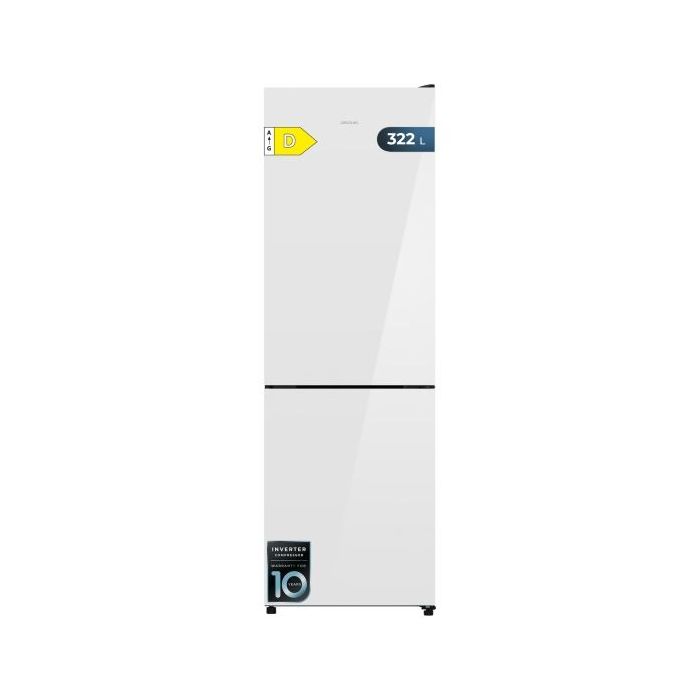 Cecotec Bolero CoolMarket Combi 322i White Glass D Frigorifico Combi - Luz LED - Temperatura Regulable - Acero Inoxidable - Total Nofrost - Frio Envolvente - Clase D - 59.5x185.5cm - Color Blanco