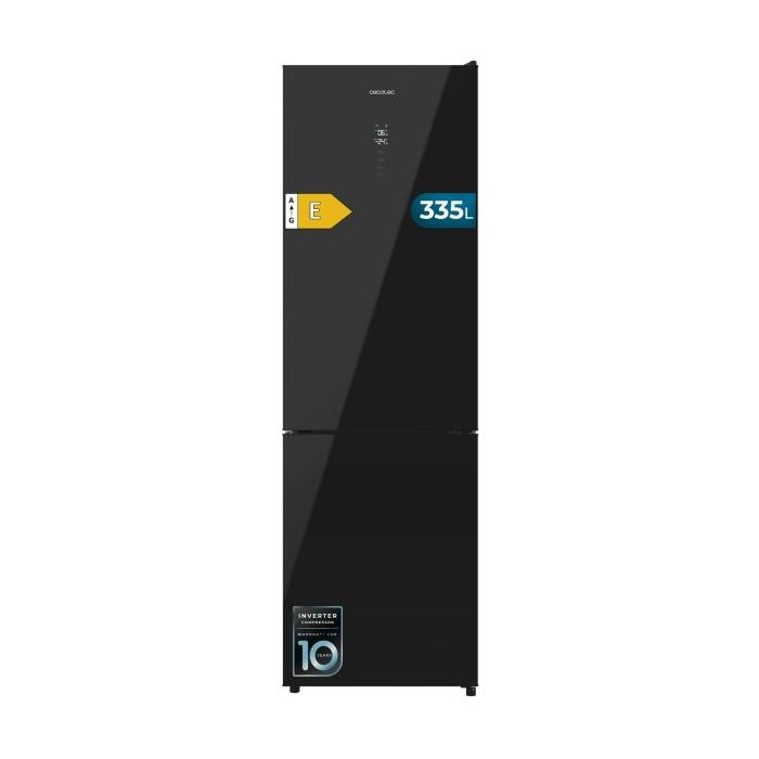 Cecotec Bolero CoolMarket Combi 335 Black Glass E Frigorifico Combi - Capacidad 333L - Luz LED - Compresor Inverter - Puerta de Cristal - Frio Envolvente - Clase E - 195.3x59.5cm - Color Negro