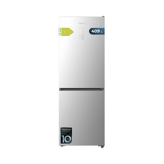 Cecotec Bolero CoolMarket Combi 409 Inox C Frigorifico Combi - Capacidad 409L - Compresor Inverter - Congelacion Ultrarapida - Silencioso - Frio Envolvente - Clase C - 185x59.5cm - Color Acero