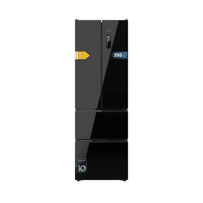 Cecotec Bolero CoolMarket Combi F2D 395 Black Glass E Frigorifico Puerta Francesa de 4 Puertas - Capacidad 395L - Compresor Inverter - Total Nofrost - Puerta de Cristal - 185x59.5x68cm - Color Negro