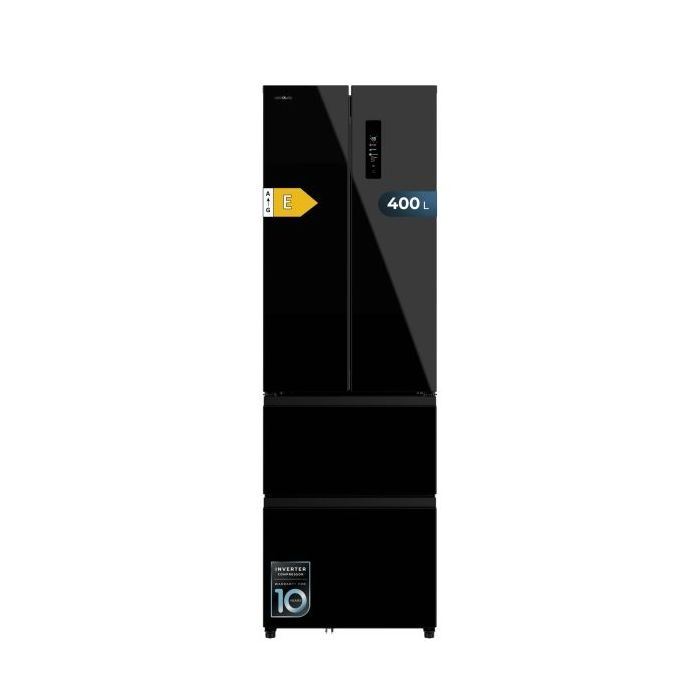 Cecotec Bolero CoolMarket Combi F2D 400 Black Glass E Frigorifico Puerta Francesa de 4 Puertas - 400L - Luz LED - Compresor Inverter - Total Nofrost - Puerta de Cristal - 60x64x191cm - Color Negro