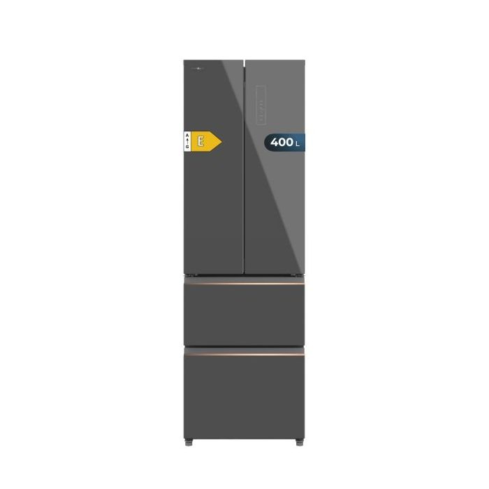 Cecotec Bolero CoolMarket Combi F2D 400 Grey Glass E Frigorifico Puerta Francesa de 4 Puertas - Capacidad 400L - Luz LED - Compresor Inverter - Total Nofrost - Frio Envolvente - 60x64x191cm - Color Gris
