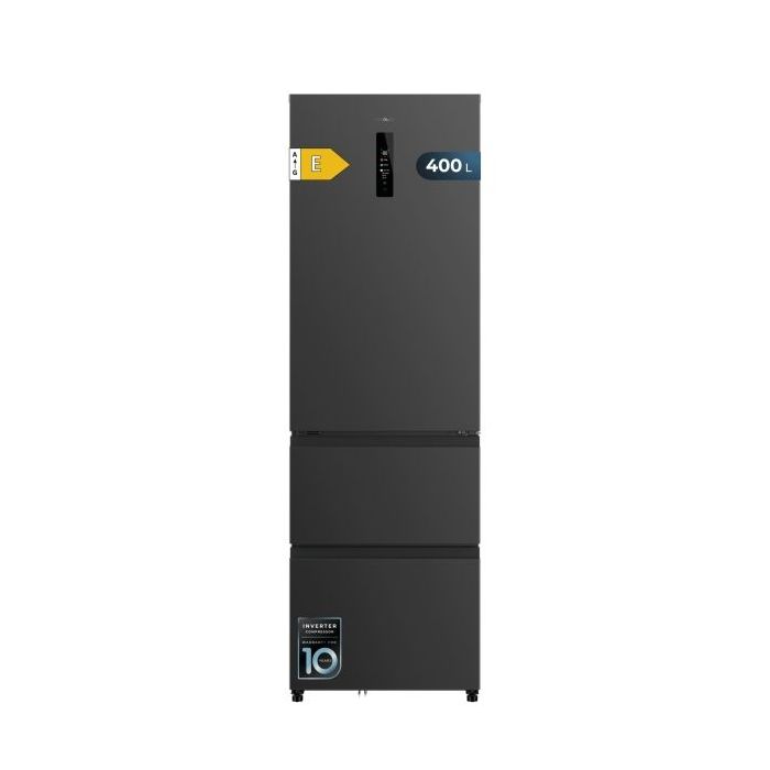Cecotec Bolero CoolMarket Combi FD 400 Dark E Frigorifico Puerta Francesa - 400L - Luz LED - Compresor Inverter - Acero Inoxidable - Total Nofrost - Frio Envolvente - 60x64x191cm - Color Gris Oscuro