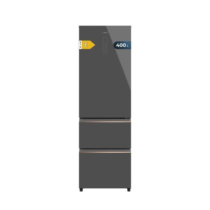 Cecotec Bolero CoolMarket Combi FD 400 Grey Glass E Frigorifico Puerta Francesa - Capacidad 400L - Luz LED - Compresor Inverter - Total Nofrost - Frio Envolvente - Clase E - 60x64x191cm - Color Gris