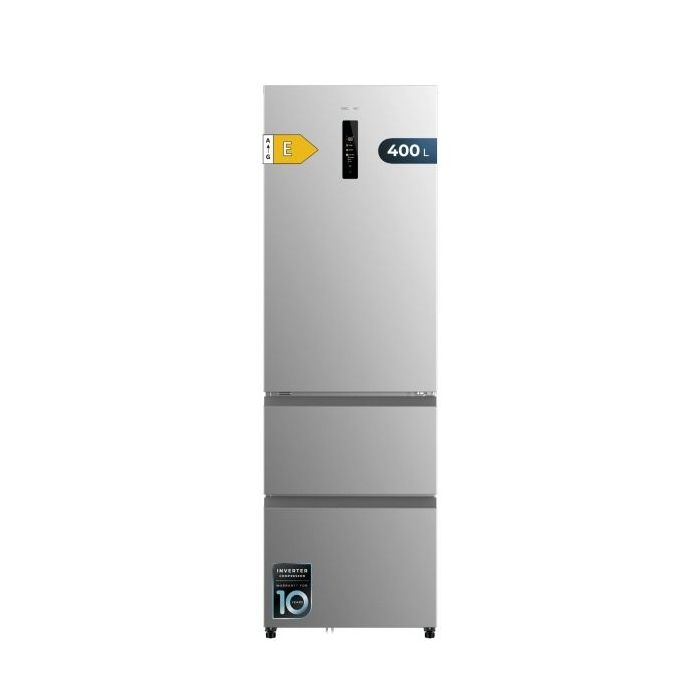 Cecotec Bolero CoolMarket Combi FD 400 Inox E Frigorifico Puerta Francesa - Capacidad 400L - Luz LED - Compresor Inverter - Acero Inoxidable - Total Nofrost - Frio Envolvente - 60x64x191cm - Color Acero