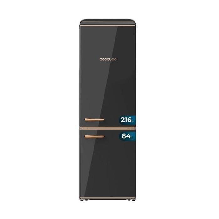 Cecotec Bolero CoolMarket Combi Origin 300 Black E Frigorifico Combi - Capacidad 300L - Temperatura Regulable - Estilo Retro - Cajon para Carne y Pesado - Clase E - Color Negro