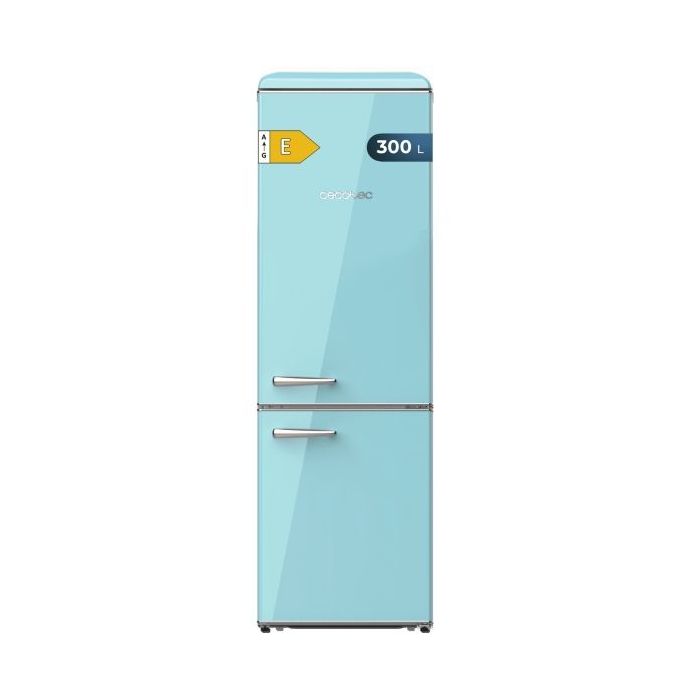 Cecotec Bolero CoolMarket Combi Origin 300 Blue E Frigorifico Combi - Capacidad 300L - Temperatura Regulable - Estilo Retro - Cajon para Carne y Pesado - Clase E - Color Turquesa