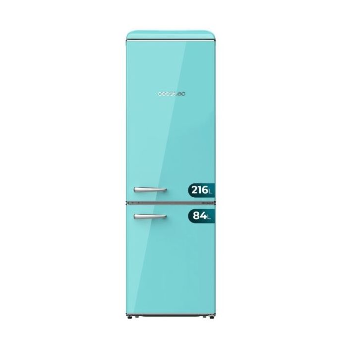 Cecotec Bolero CoolMarket Combi Origin 300 Green E Frigorifico Combi - Capacidad 300L - Temperatura Regulable - Estilo Retro - Cajon para Carne y Pesado - Clase E - Color Menta