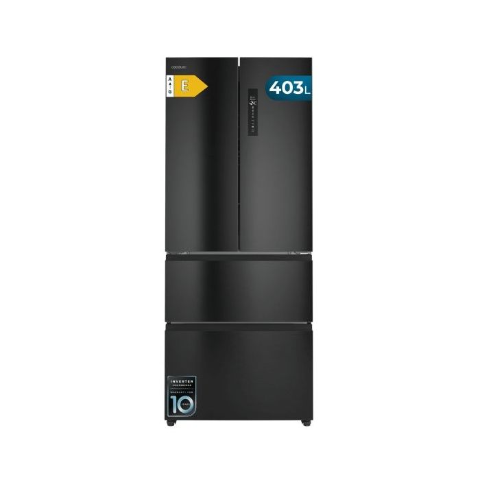 Cecotec Bolero CoolMarket F2D 403 Dark E Frigorifico Puerta Francesa de 4 Puertas - Capacidad 403L - Luz LED - Pantalla Digital - Compresor Inverter - Total Nofrost - Modo Vacaciones - Color Negro