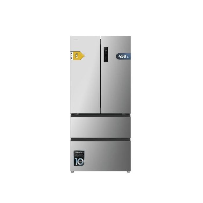 Cecotec Bolero CoolMarket F2D 458 SBI Inox E Frigorifico Puerta Francesa de 4 Puertas - Capacidad 458L - Silencioso 37dB - Luz LED - Pantalla LED - Compresor Inverter - Modo Vacaciones - Color Acero
