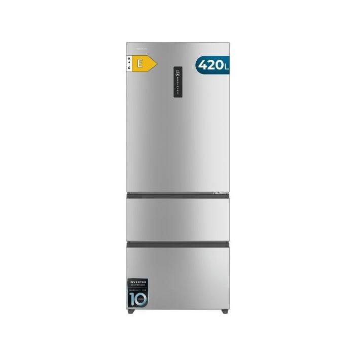Cecotec Bolero CoolMarket FD 420 Inox E Frigorifico Puerta Francesa - Capacidad 420L - Luz LED - Pantalla Digital - Compresor Inverter - Total Nofrost - Modo Vacaciones - Pantalla en Puerta - Color Acero