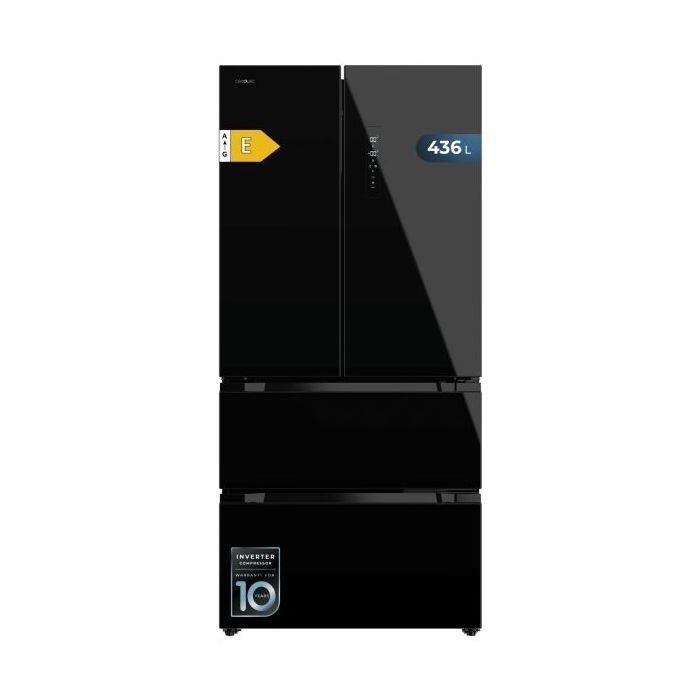 Cecotec Bolero CoolMarket FD 436 Black Glass E Frigorifico Puerta Francesa de 4 Puertas - 463L - Compresor Inverter - Modo Vacaciones - Puerta de Cristal - Frio Envolvente - 83.6x63.6x183cm - Color Negro