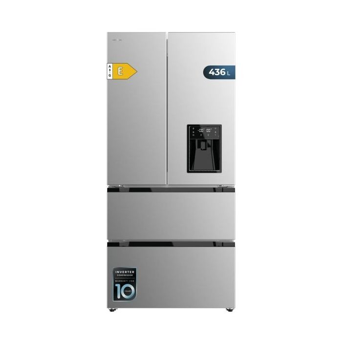 Cecotec Bolero CoolMarket FD 436 WD Inox E Frigorifico Puerta Francesa de 4 Puertas - 463L - Compresor Inverter - Modo Vacaciones - Dispensador de Agua - Frio Envolvente - 83.6x63.6x183cm - Color Acero