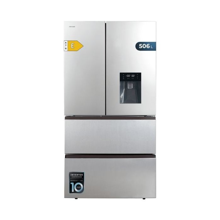 Cecotec Bolero CoolMarket FD 510 WD Inox E Frigorifico Puerta Francesa de 4 Puertas - Capacidad 506L - Compresor Inverter - Total Nofrost - Dispensador de Agua - Frio Envolvente - 183x84cm - Color Acero