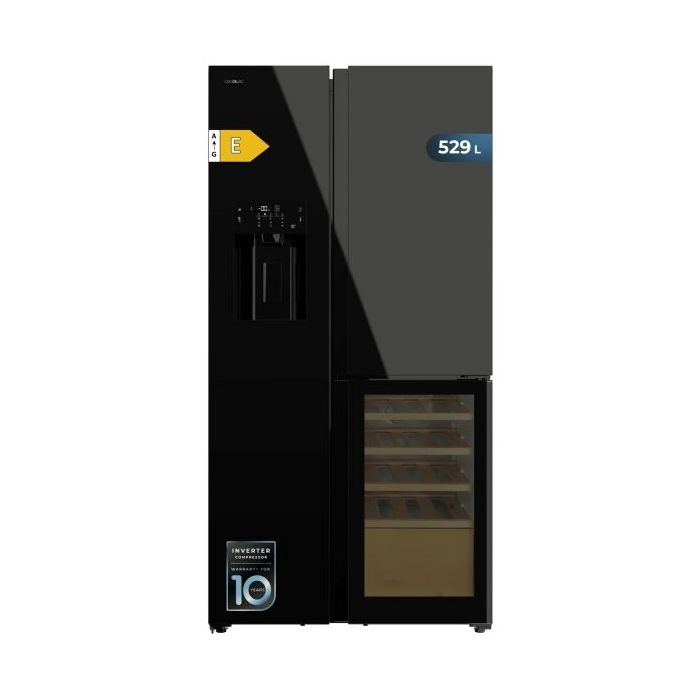 Cecotec Bolero CoolMarket TDW 529 WID Black Glass E Frigorifico Americano con Vinoteca - 529L - Compresor Inverter - Modo Vacaciones - Puerta de Cristal - Frio Envolvente - 91.1x70.6x183cm - Color Negro