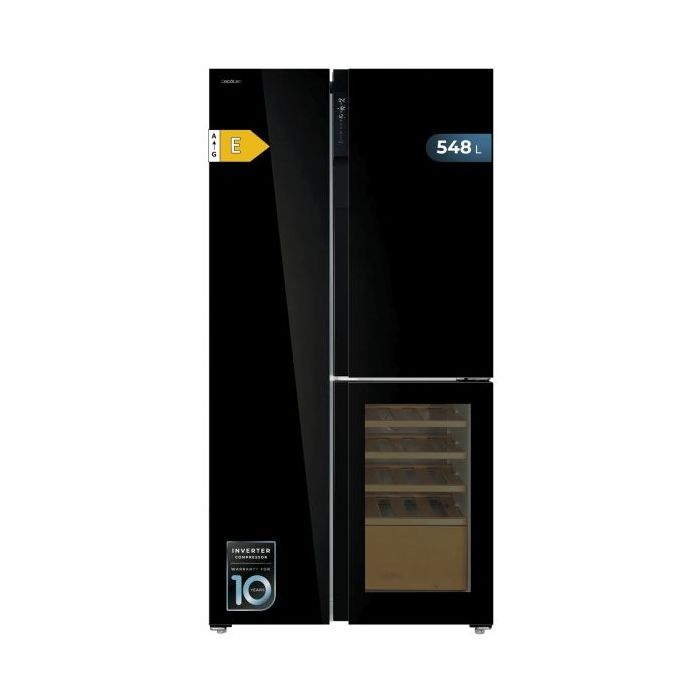 Cecotec Bolero CoolMarket TDW 548 Black Glass E Frigorifico Americano con Vinoteca - 548L - Compresor Inverter - Modo Vacaciones - Puerta de Cristal - Frio Envolvente - 91.1x70.6x183cm - Color Negro