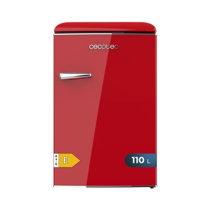 Cecotec Bolero CoolMarket TT Origin 110 Red E Mini Frigorifico - Capacidad 110L - Cajon para Hielo - Luz Interior - Tirador Cromado - Bandejas de Cristal - Color Rojo