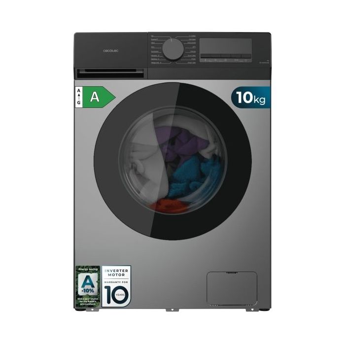 Cecotec Bolero DressCode 10450 Inverter Steel Lavadora de Carga Frontal - Capacidad 10kg - Velocidad 1400rpm - Temperatura Regulable - Display LED - Motor Inverter - Inicio Programable - Color Gris