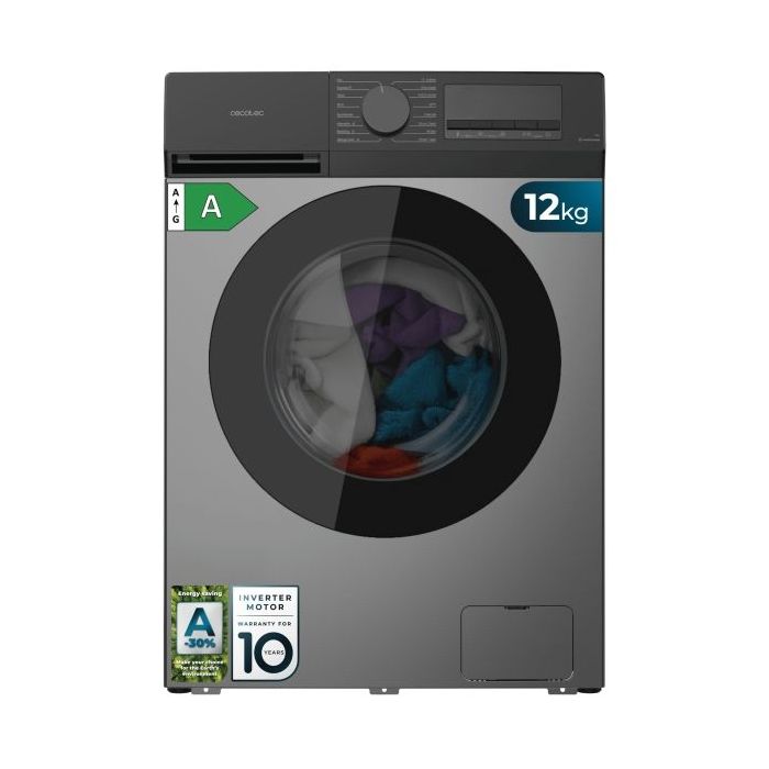Cecotec Bolero DressCode 12450 Inverter Steel Lavadora de Carga Frontal - Capacidad 12kg - Velocidad 1400rpm - Temperatura Regulable - Display LED - Motor Inverter - Inicio Programable - Color Gris