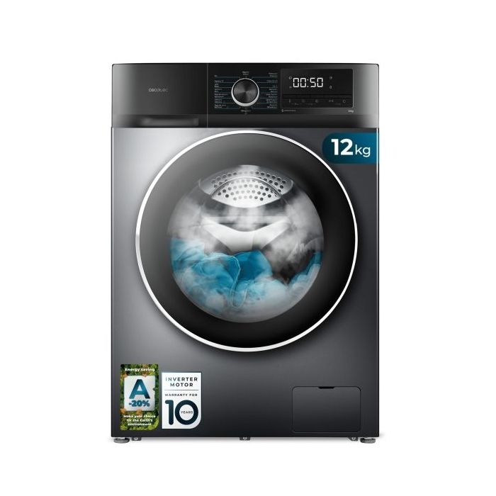 Cecotec Bolero DressCode 12500 Inverter Steel Lavadora de Carga Frontal - Capacidad 12kg - Velocidad 1400rpm - Motor Inverter - Inicio Programable - 16 Programas - Color Negro y Gris