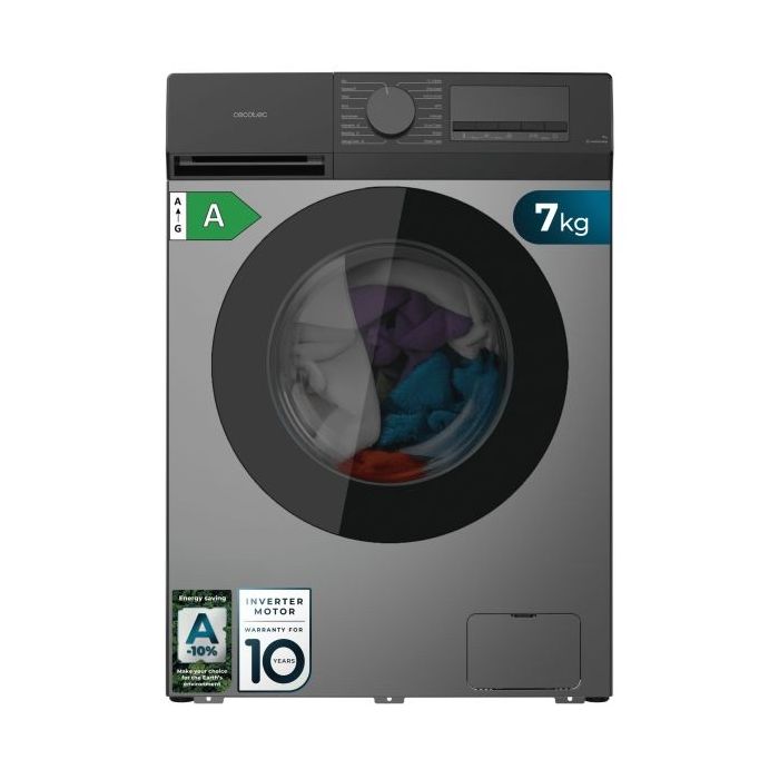 Cecotec Bolero DressCode 7450 Inverter Steel Lavadora de Carga Frontal - Capacidad 7kg - Velocidad 1200rpm - Temperatura Regulable - Display LED - Motor Inverter - Inicio Programable - Color Gris