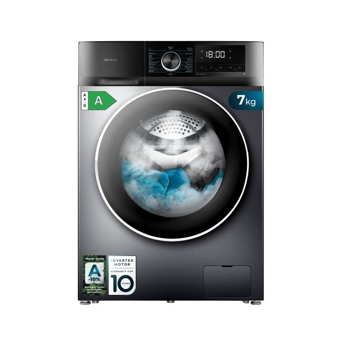 Cecotec Bolero DressCode 7500 Inverter Steel A Lavadora de Carga Frontal - Capacidad 7kg - Velocidad 1400rpm - Seguro Infantil - Display LED - Motor Inverter - Inicio Programable - Color Negro y Gris