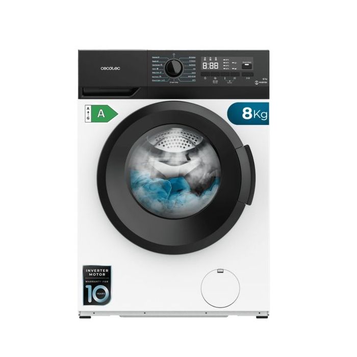 Cecotec Bolero dresscode 8300 Inverter A Lavadora de Carga Frontal - Capacidad 8kg - Velocidad 1400rpm - Seguro Infantil - Display LED - Motor Inverter - 15 Programas - Color Blanco y Negro