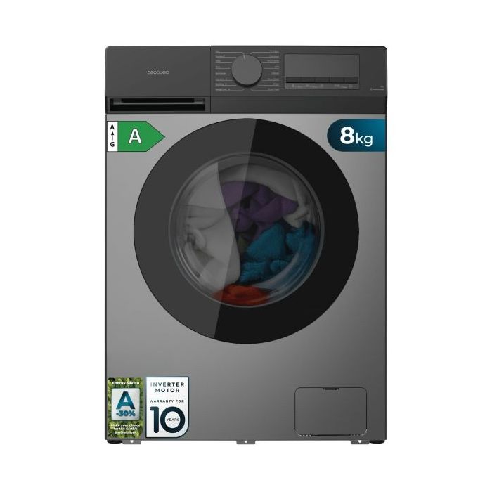Cecotec Bolero DressCode 8450 Inverter Steel Lavadora de Carga Frontal - Capacidad 8kg - Velocidad 1400rpm - Temperatura Regulable - Display LED - Motor Inverter - Inicio Programable - Color Gris