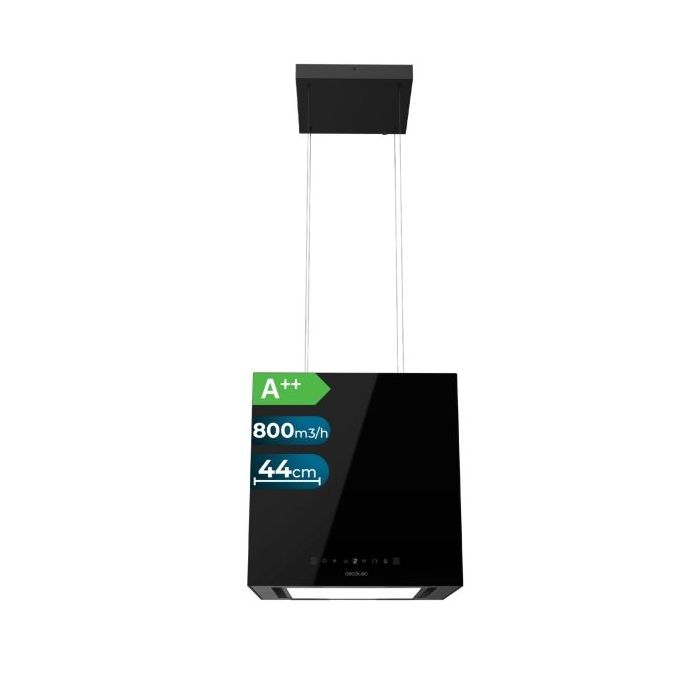 Cecotec Bolero Flux CCT 448000 Glass Black A++ Campana Extractora Colgante de 44cm - 210W - Succion 800m3/h - Luz LED - Pantalla LED - Incluye Accesorios - Filtros de Carbono Incluidos - Color Negro