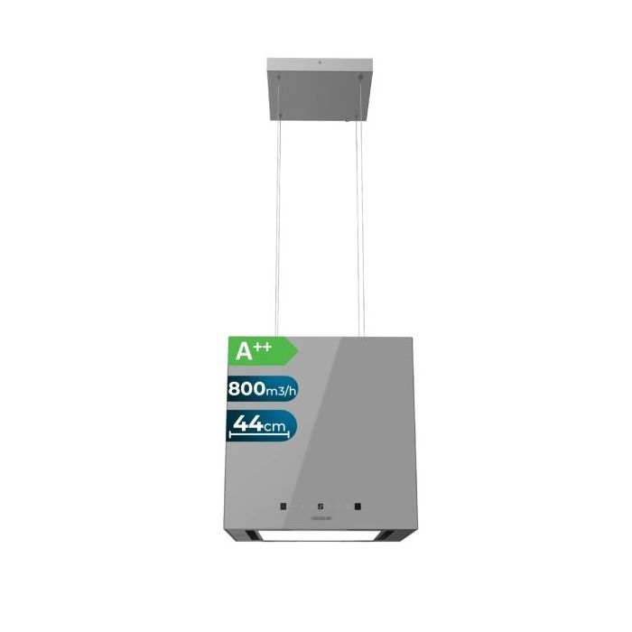Cecotec Bolero Flux CCT 448000 Glass Grey A++ Campana Extractora Colgante de 44cm - 210W - Succion 800m3/h - Luz LED - Pantalla LED - Incluye Accesorios - Filtros de Carbono Incluidos - Color Gris