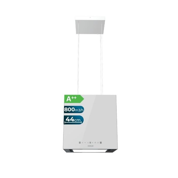 Cecotec Bolero Flux CCT 448000 Glass White A++ Campana Extractora Colgante de 44cm - 210W - Succion 800m3/h - Luz LED - Pantalla LED - Incluye Accesorios - Filtros de Carbono Incluidos - Color Blanco