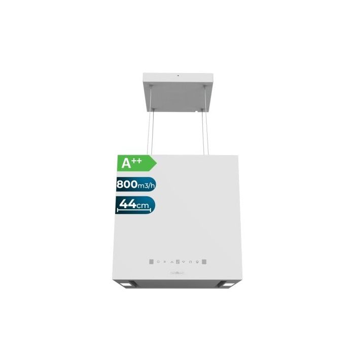 Cecotec Bolero Flux CCT 448000 White A++ Campana Extractora Colgante de 44cm - 210W - Succion 800m3/h - Luz LED - Pantalla LED - Incluye Accesorios - Filtros de Carbono Incluidos - Color Blanco