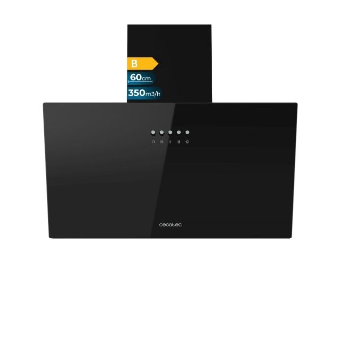Cecotec Bolero Flux DM 603500 Glass Black B Campana Extractora de 60cm - 65W - Succion 350m3/h - Luz LED - Incluye Accesorios - Kit de Montaje - Filtros de Carbono Incluidos - Color Negro