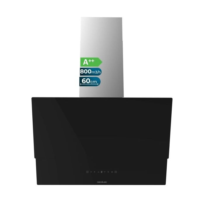 Cecotec Bolero Flux DT 608001 Glass Black A++ Campana Extractora de 60cm - 210W - Succion 800m3/h - Luz LED - Pantalla LED - Incluye Accesorios - Filtros de Carbono Incluidos - Color Negro