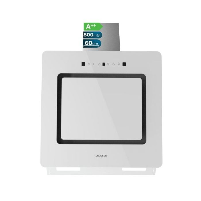 Cecotec Bolero Flux DT 608002 Glass White A++ Campana Extractora de 60cm - 210W - Succion 800m3/h - Luz LED - Pantalla LED - Incluye Accesorios - Filtros de Carbono Incluidos - Color Blanco