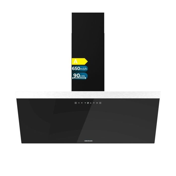 Cecotec Bolero Flux DT 906500 Glass Black A Campana Extractora de 90cm - 165W - Succion 650m3/h - Luz LED - Pantalla LED - Incluye Accesorios - Filtros de Carbono Incluidos - Color Negro