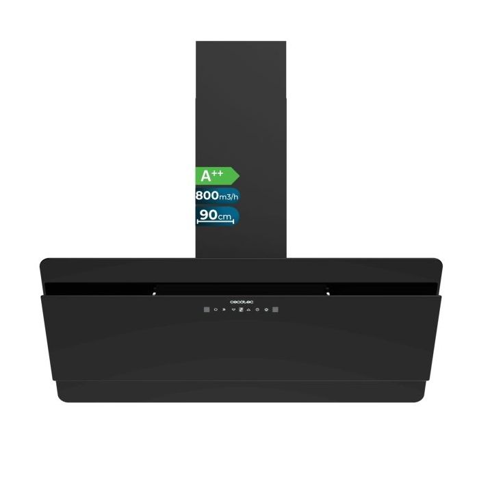 Cecotec Bolero Flux DT 908000 Glass Black A++ Campana Extractora de 90cm - 210W - Succion 800m3/h - Luz LED - Pantalla LED - Incluye Accesorios - Filtros de Carbono Incluidos - Color Negro