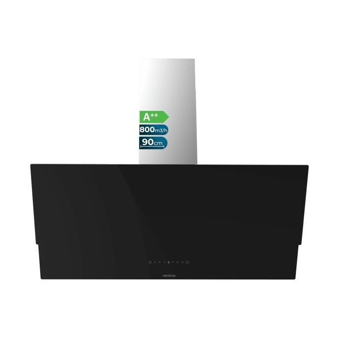 Cecotec Bolero Flux DT 908001 Glass Black A++ Campana Extractora de 90cm - 210W - Succion 800m3/h - Luz LED - Pantalla LED - Incluye Accesorios - Filtros de Carbono Incluidos - Color Negro
