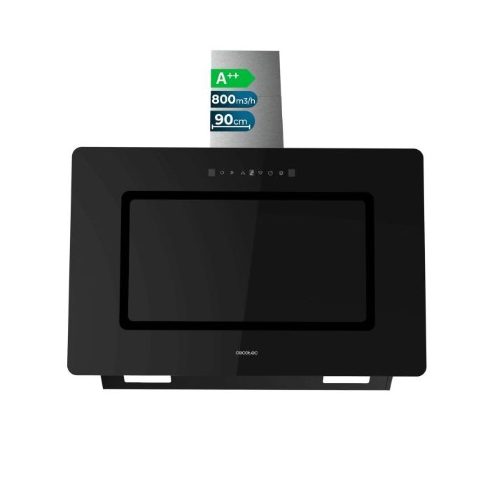 Cecotec Bolero Flux DT 908002 Glass Black A++ Campana Extractora de 90cm - 210W - Succion 800m3/h - Luz LED - Pantalla LED - Incluye Accesorios - Filtros de Carbono Incluidos - Color Negro