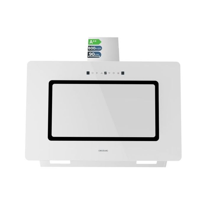 Cecotec Bolero Flux DT 908002 Glass White A++ Campana Extractora de 90cm - 210W - Succion 800m3/h - Luz LED - Pantalla LED - Incluye Accesorios - Filtros de Carbono Incluidos - Color Blanco