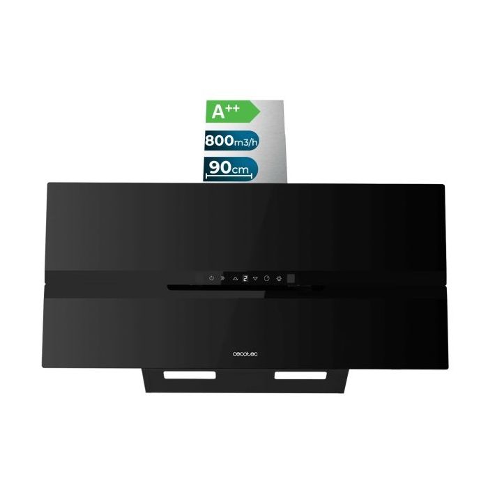 Cecotec Bolero Flux DT 908010 Glass Black A++ Campana Extractora de 90cm - 210W - Succion 800m3/h - Luz LED - Pantalla LED - Incluye Accesorios - Filtros de Carbono Incluidos - Color Negro
