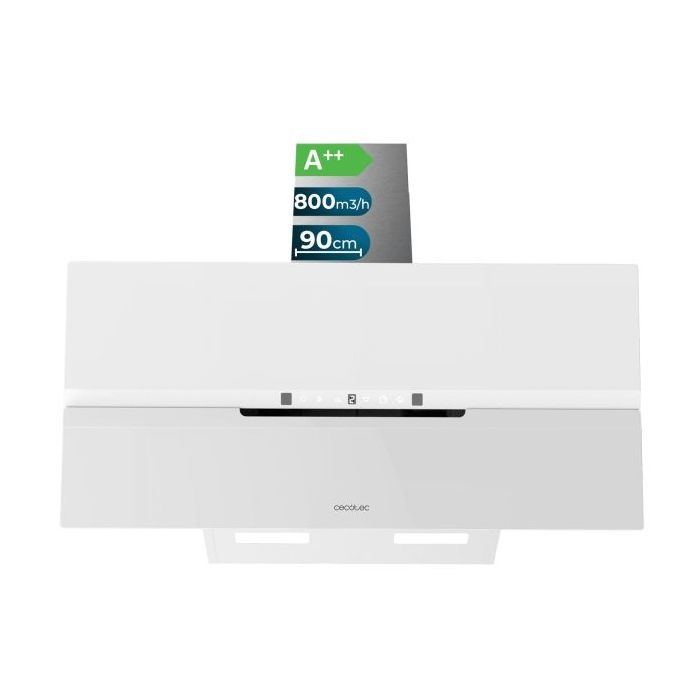 Cecotec Bolero Flux DT 908010 Glass White A++ Campana Extractora de 90cm - 210W - Succion 800m3/h - Luz LED - Pantalla LED - Incluye Accesorios - Filtros de Carbono Incluidos - Color Blanco