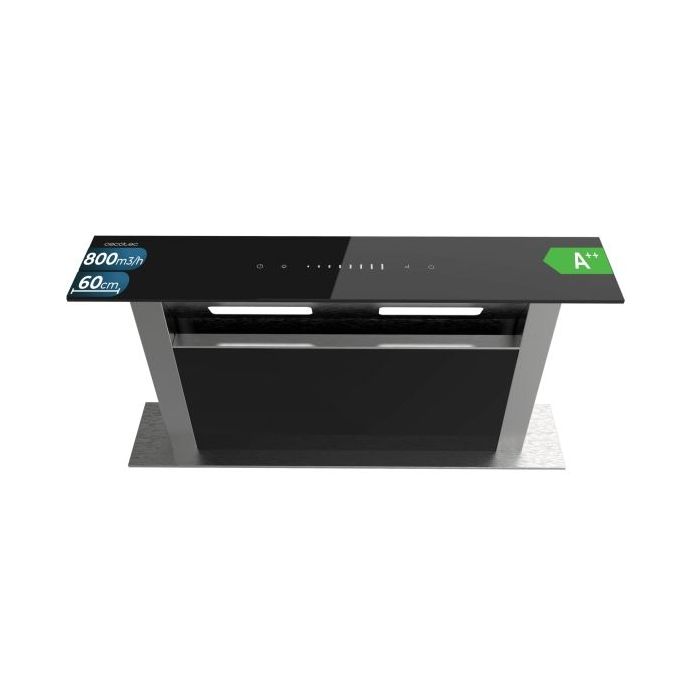 Cecotec Bolero Flux ET 608000 Glass Black A++ Campana Extractora de Encimera de 60cm - 210W - Succion 800m3/h - Luz LED - Incluye Accesorios - Acero Inoxidable - Filtros de Carbono Incluidos - Color Negro