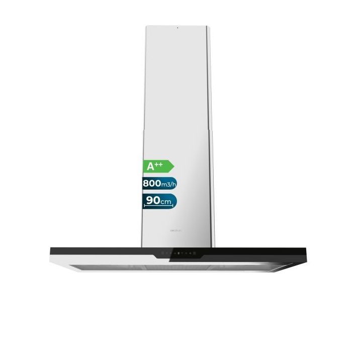 Cecotec Bolero Flux ICT 908000 Glass Black A++ Campana Extractora de Techo de 90cm - 210W - Succion 800m3/h - Luz LED - Pantalla - Acero Inoxidable - Apagado Automatico - Filtros de Carbono - Color Negro