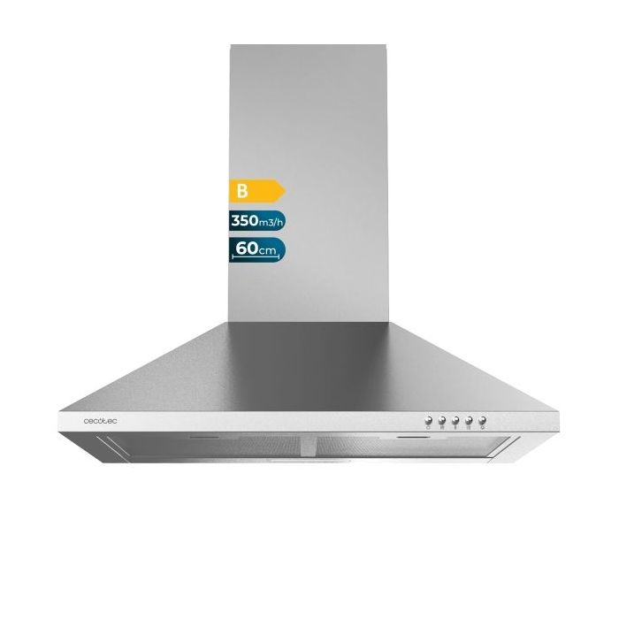 Cecotec Bolero Flux PM 603500 Inox B Campana Extractora de 60cm - 65W - Succion 350m3/h - Luz LED - Incluye Accesorios - Kit de Montaje - Filtros de Carbono Incluidos - Color Acero
